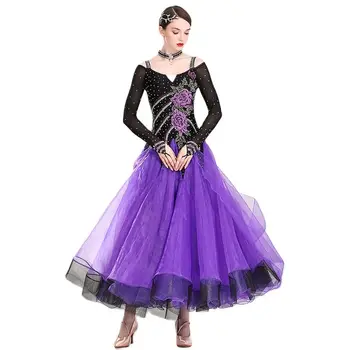 Kontrast Renkler Salıncak Uzun Kollu Balo Salonu Dans Elbise Kadınlar İçin Lirik dans kostümü Vals Elbise Dans Giyim Balo