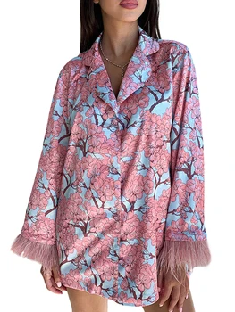 Bayan Çiçek Baskı Pijama Takımı Düğme Aşağı Uzun Kollu Kısa PJ Seti 2 Parça Pijama Loungewear