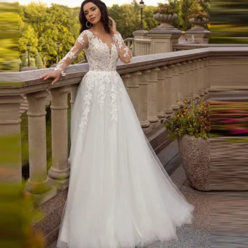 Moda Dantel düğün elbisesi Uzun Kollu 2023 Gelin İçin Seksi V Yaka A-Line gelinlik Lace Up Plise Tül Robe De Mariée