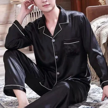 1 Takım Erkek Pijama Düz Renk Uzun Kollu Tek Göğüslü ev Giyim Buz İpek Gevşek Pijama Seti gecelik