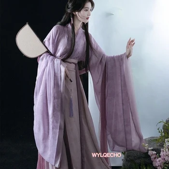 Orijinal Mor Hanfu kadın Baskılı Yaka Geniş Kollu Çin Wei Jinfeng Sekiz Kırık Etekler Antik Kostüm Günlük Hanfu