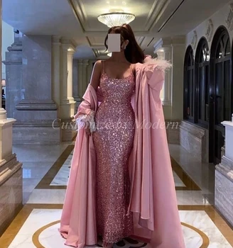 Mermaid Pembe Sequins Uzun balo kıyafetleri Ceket Straplez Kat Uzunluk Suudi Arabistan Kadınlar Akşam Parti Elbise