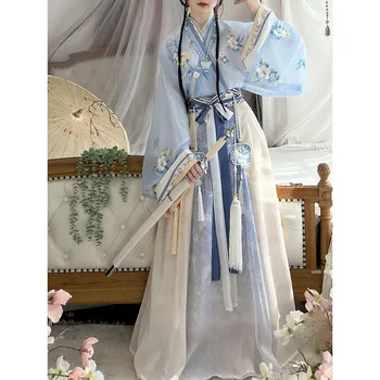 Oryantal Peri Cosplay Sahne Dans Elbise Çin Tarzı Hanfu Kadınlar Geleneksel Zarif Mavi Çiçek Nakış Prenses Elbiseler