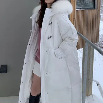 Beyaz Ördek şişme ceket kadınlar Kış Yeni Büyük Gerçek Kürk Kapşonlu Orta Ve Uzun Kore Diz Moda Zarif Boynuz Katı Parker