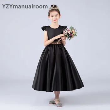 Çiçek Kız Elbise Zarif Saten Büyük Yay Çay Boyu Konser Genç Pageant Doğum Günü Partisi Prenses balo elbisesi Ziyafet Elbiseler