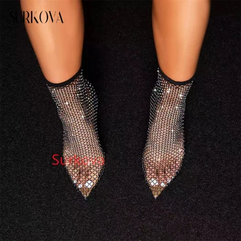 Seksi Sivri Stilettos Seksi Hollow Mesh Fishnet Çorap Çizmeler Bayanlar Tam Rhinestones Yüksek Topuklu kısa çizmeler Kadın Ayakkabı