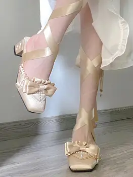 Mary Jane Pompaları Kadın Yay Düğüm Tasarım Lolita Kare Ayak Bileği Strappy Moda Tatlı Pompaları Med Yüksek Topuklu Güzel bale ayakkabıları