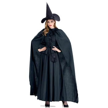 Cadılar bayramı Cadı Gotik Kostüm Uzun Elbise Elbise Siyah Cosplay Vintage Pelerin Fantezi Kıyafet