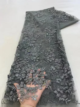 3D Çiçekler Gri Fransız Dantel Kumaş 2023 yüksek kaliteli dantel Net Afrika Dantel payetli kumaş Dantel Kumaşlar Düğün İçin