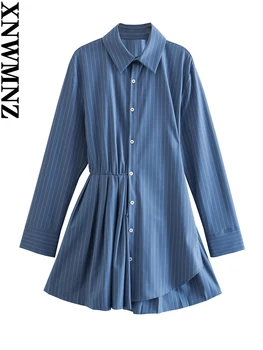 XNWMNZ Kadın Moda Yeni Kısa Gömlek Elbise Retro Yaka Uzun Kollu Alt Kutu Plise Ön Düğme Kadın Şık Elbiseler
