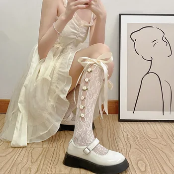 Kızlar Tatlı Çorap Seksi Dantel Örgü file çoraplar diz üstü çorap Çiçek Hollow Out Bandaj Yay JK Lolita Kawaii Çorap