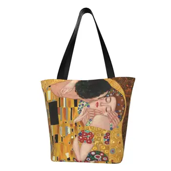 Yeniden Öpücük Gustav Klimt alışveriş çantası Kadın Tuval kol çantası Çanta Yıkanabilir Boyama Sanat Bakkal Alışveriş çantaları