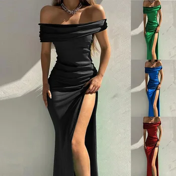 Yaz Bir Çizgi Boyun Katı Yan Bölünmüş kemerli elbise Midi Elbise Kadın 2023 Resmi Elbise Kadınlar Zarif gece elbisesi Uzun Giyim