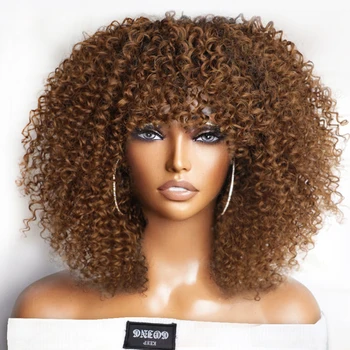 Kısa Afro Kinky Kıvırcık Peruk Patlama İle Siyah kadın peruk Afro Kıvırcık Peruk Vurgulamak Kahverengi 250 % Tutkalsız Tam Makine Peruk