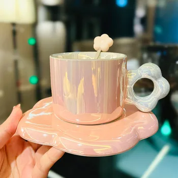 Fantezi inci sır çiçekli seramik kahve fincan ve çay tabağı kaşık ile süt kupası ofis öğleden sonra çay yüksek değerli su bardağı