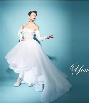 Arap Bir Çizgi Beyaz Uzun kollu vestido de noiva Vestido de novia Artı boyutu gelin kıyafeti 2018 anne gelin elbiseler