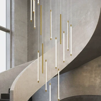 lüks altın asılı chandleiers ışık kolye led dim spiral aydınlatma kapalı büyük vintage bakır merdiven lambası oturma odası