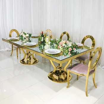 lüks düğün mobilyası cam üst paslanmaz çelik altın geri çekilebilir yemek masası seti 8 kişilik lüks