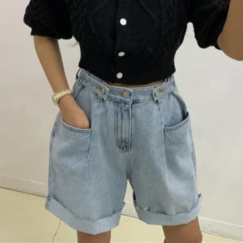 Kadın Şort Kot 2023 Yeni Yüksek Belli Kore Moda Geniş Bacak Kot Şort Streetwear Cepler Rahat Şort Kot