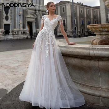 RODDRSYA Klasik Düğün Elbiseleri A-Line Uzun Kollu Illusion Geri Gelin Törenlerinde Zarif Scoop Dantel Aplike vestidos de novia