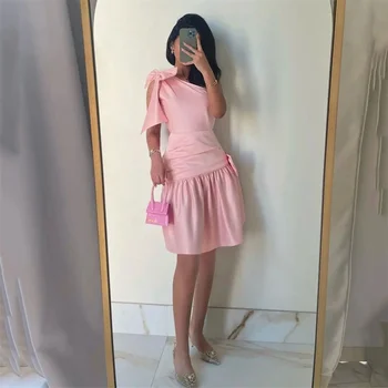 MINGLAN Pembe Bir Omuz Kolsuz Plise Yay Bir Çizgi kısa gece Elbisesi Diz Boyu Moda Örgün Balo elbisesi Kadın İçin 2023