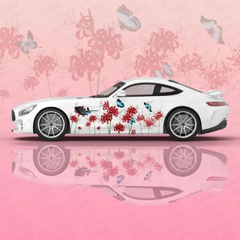 Kırmızı Çiçek Araba Grafik Çıkartması Korumak Tam Vücut Vinil Wrap Renk Kelebekler Vektör Görüntü Wrap Sticker Dekoratif Araba Çıkartması