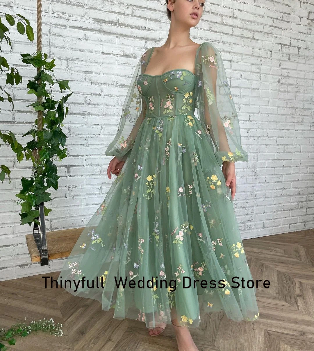 Thinyfull Yeşil Nakış Peri balo kıyafetleri A-Line Uzun Kollu Düğün Törenlerinde Ayak Bileği Uzunlukta Tül Örgün Akşam Elbise