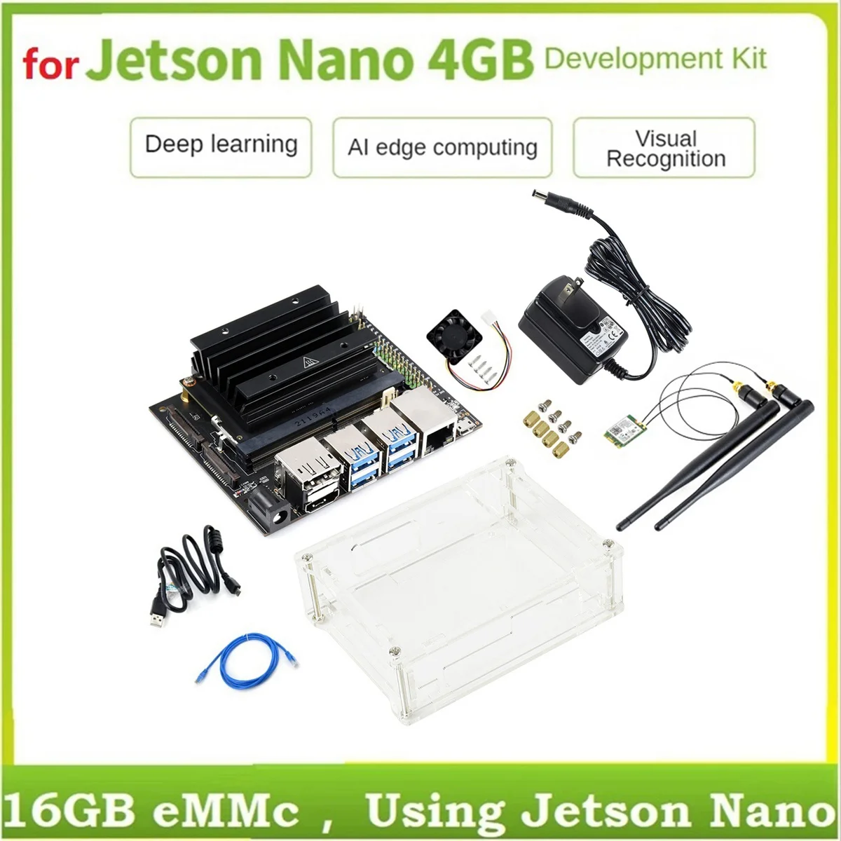 Jetson Nano 4GB Geliştirme + Modülü + Soğutucu + Kılıf + Fan + Ağ Kartı + RJ45 Ağ Kablosu + USB Kablosu + Güç Adaptörü, ABD Plug