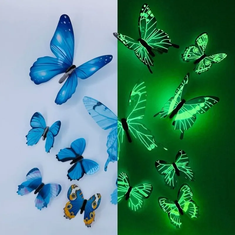 Aydınlık Kelebek duvar çıkartmaları 3D Renkli Kelebekler Parlayan Duvar Çıkartmaları Duvar Kağıdı Yatak Odası Oturma Odası Ev Dekorasyon İçin
