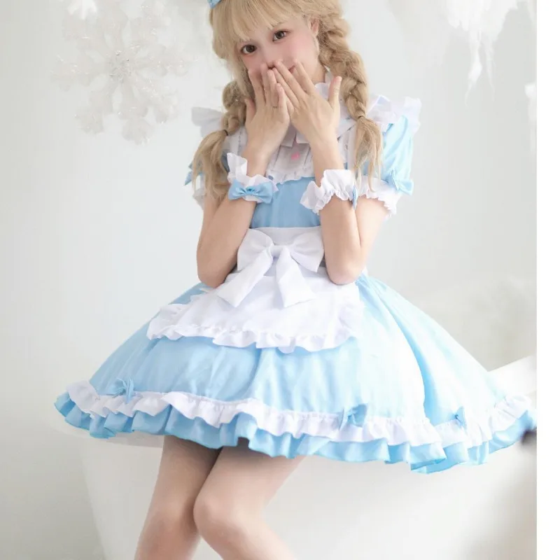 2023 Mavi Lolita Hizmetçi Kostüm Kızlar Kadınlar Güzel Cosplay Önlük Mangas Destacáveis Animasyon Japon Kıyafet Kısa Elbise Elbise
