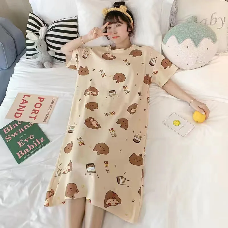 Yeni Nightgowns Kadınlar Baskılı Şık Popüler Gevşek Karikatür Kawaii Kore Tarzı Şık Eğlence Kıyafeti Bayan Tatlı Sleepshirts