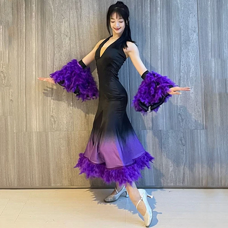 Yeni Mor Tüy Balo Salonu Dans Elbise Kadın Performans Kostüm Vals Dans Giyim Balo Tango Giyim Yarışması Elbise BL10858