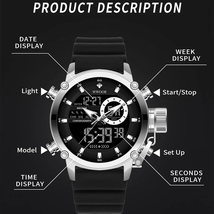 WWOOR Moda Erkekler İzle Spor Dijital LED Kuvars Kol Saatleri Aydınlık kronograf saat Su Geçirmez Erkek Saat Relogio Masculino
