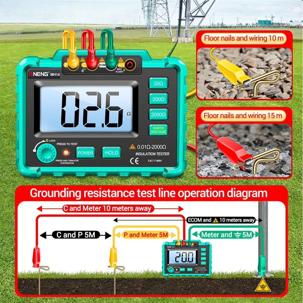 MH14 LCD Dijital Zemin Yalıtım direnç test aleti Ohm voltmetre Megohm Metre Megohmmetre Megger Metre 0-2000Ohm