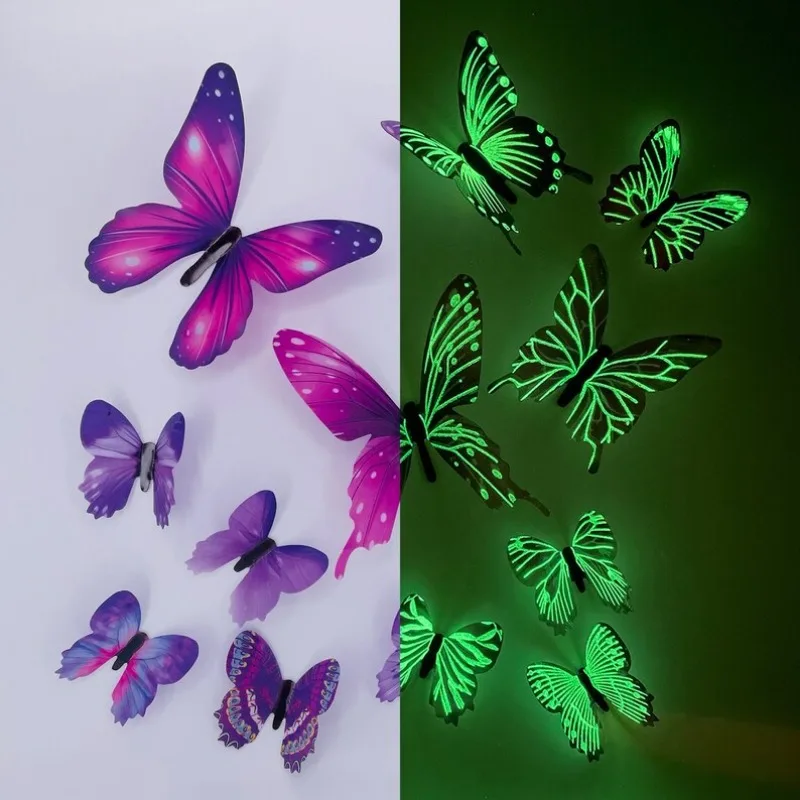 Aydınlık Kelebek duvar çıkartmaları 3D Renkli Kelebekler Parlayan Duvar Çıkartmaları Duvar Kağıdı Yatak Odası Oturma Odası Ev Dekorasyon İçin