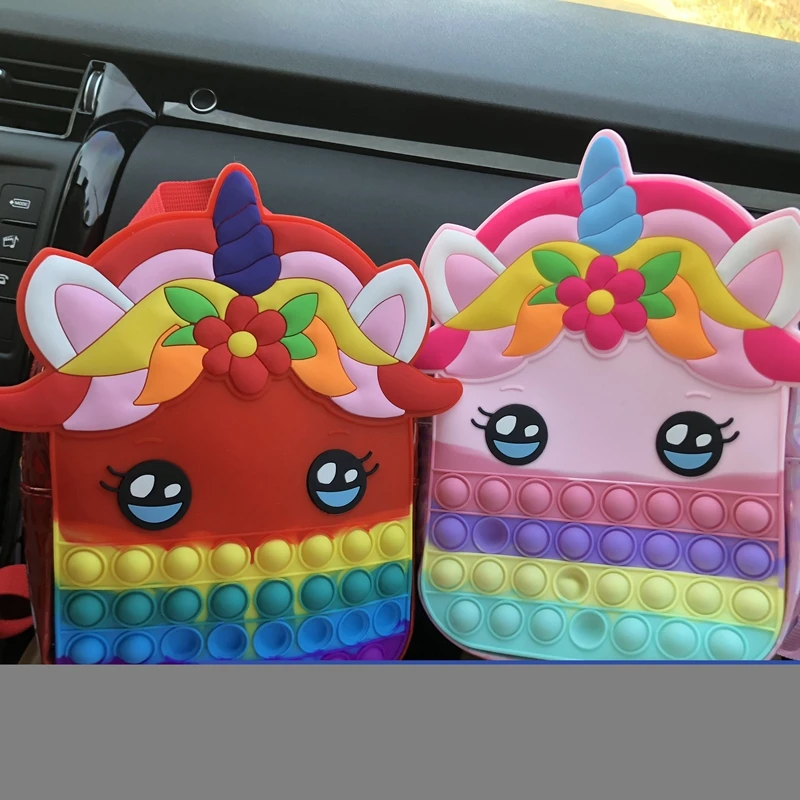 Gökkuşağı Fidget Silikon Çanta Kabarcıklar Çocuklar Sırt Çantası Unicorn Sırt Çantası Karikatür okul çantası Mini Kitap Çantaları İlköğretim Öğrencileri İçin Kız