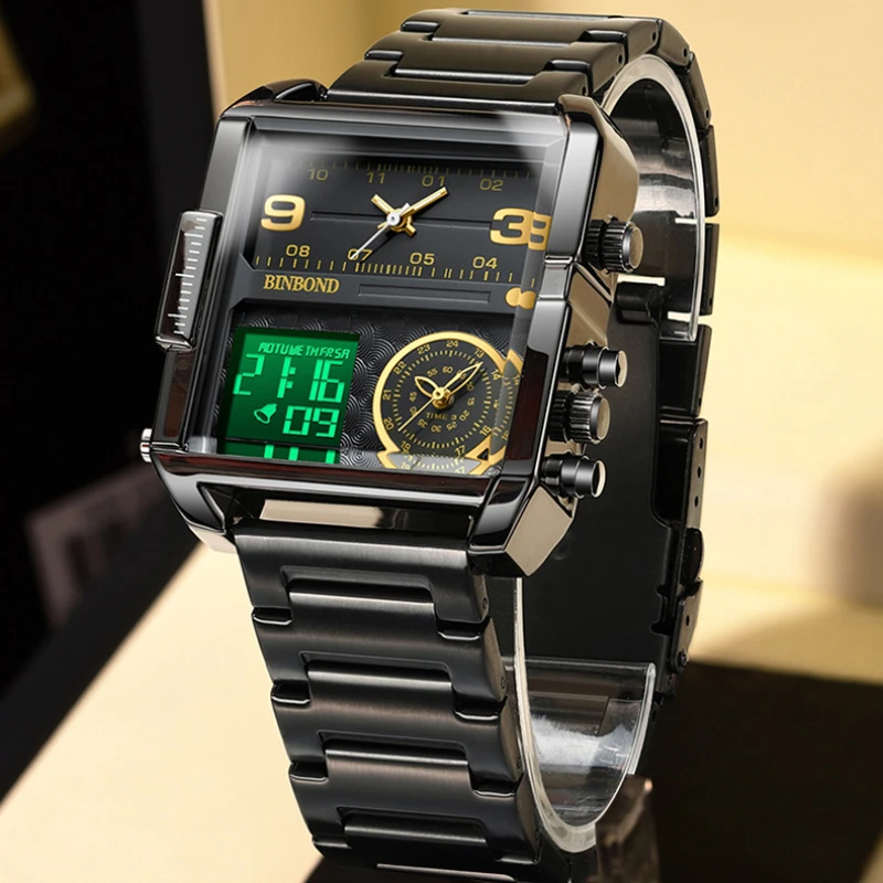 YENİ Çift Ekran Saatler Erkekler için Büyük Arama paslanmaz çelik şerit Rahat Erkek Kuvars Kol Saatleri Moda İş Saati
