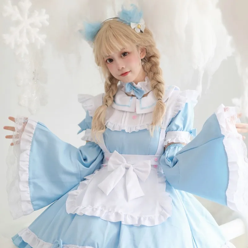 2023 Mavi Lolita Hizmetçi Kostüm Kızlar Kadınlar Güzel Cosplay Önlük Mangas Destacáveis Animasyon Japon Kıyafet Kısa Elbise Elbise