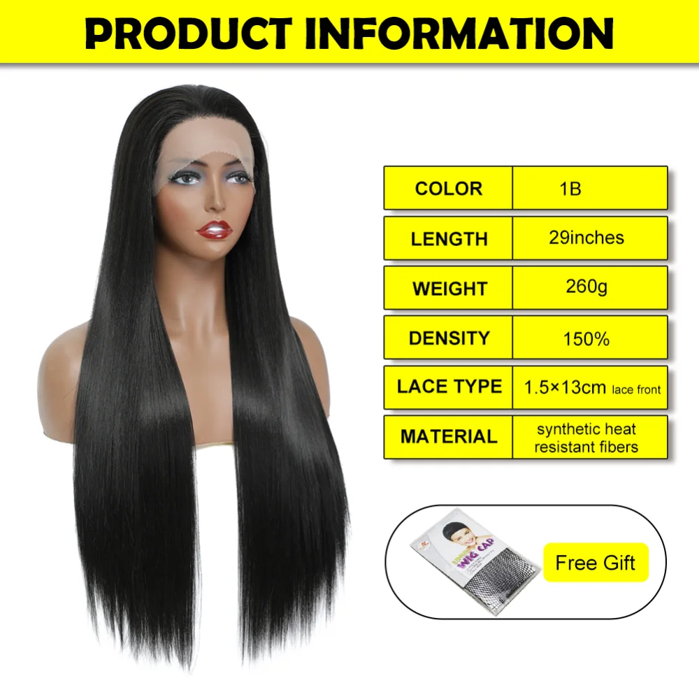 Katı Siyah Renk Uzun Düz Peruk 29 İnç Ücretsiz Bölüm Saç Çizgisi Sentetik Dantel Peruk Kadınlar İçin ısıya dayanıklı iplik Günlük Kullanım