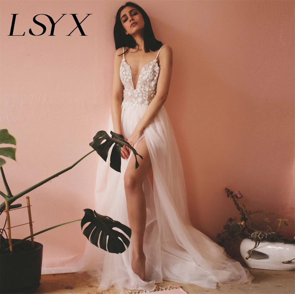 LSYX Illion Spagetti Kayışı Derin V Yaka Backless Tül Gelinlik Seksi Yüksek Yan Yarık Sweep Tren Aplikler Gelin Kıyafeti