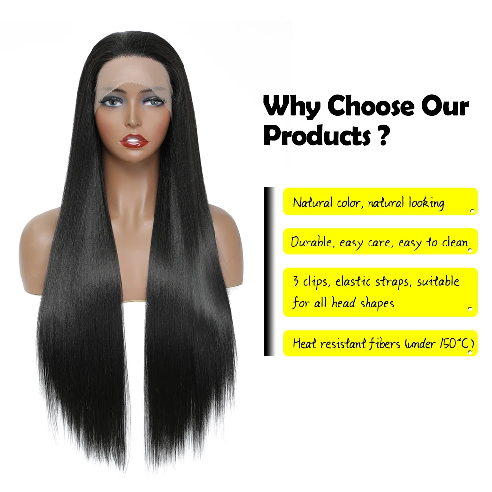 Katı Siyah Renk Uzun Düz Peruk 29 İnç Ücretsiz Bölüm Saç Çizgisi Sentetik Dantel Peruk Kadınlar İçin ısıya dayanıklı iplik Günlük Kullanım